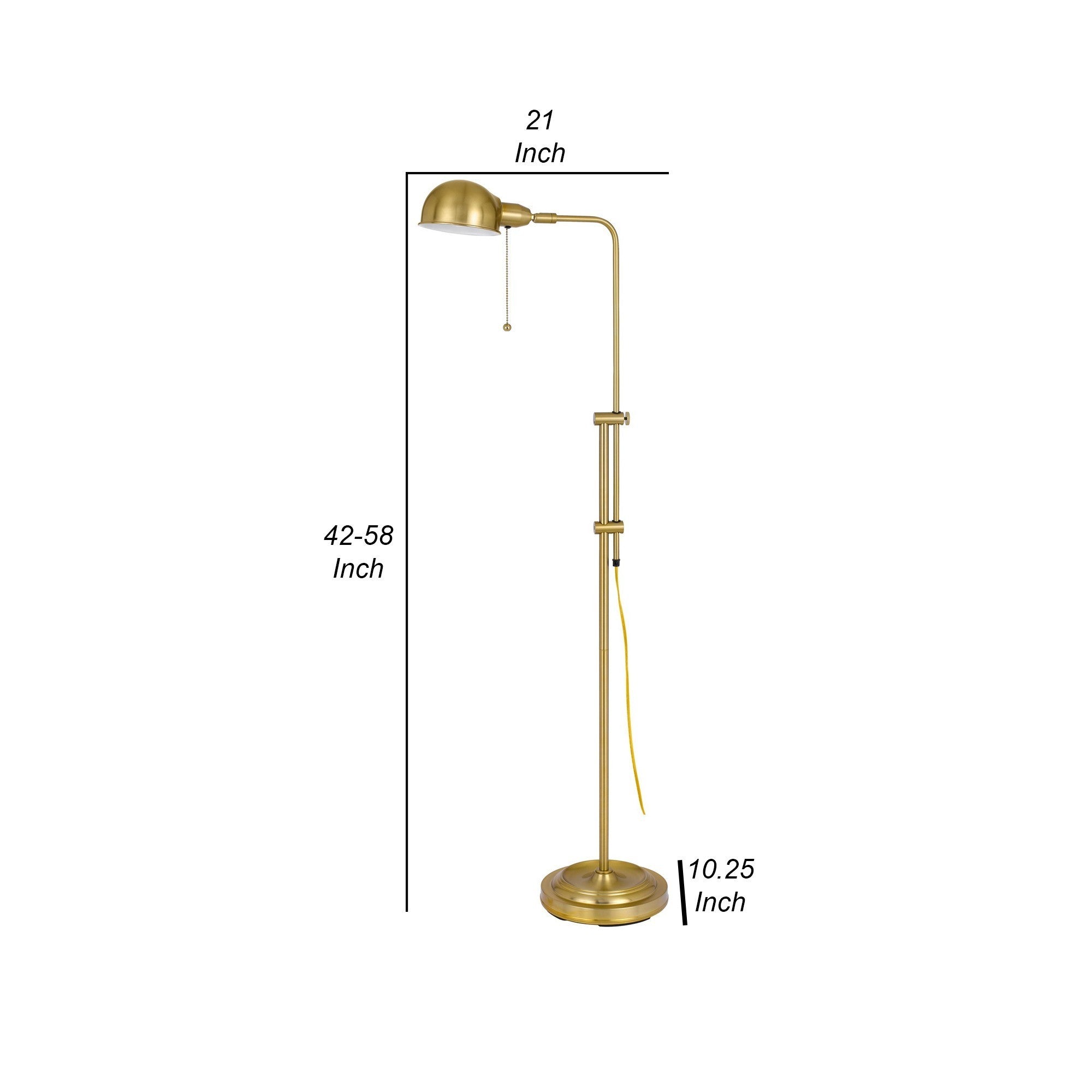 58 Inch Metal Floor Lamp, Adjustable Height, Chain Switch - Antique Brass