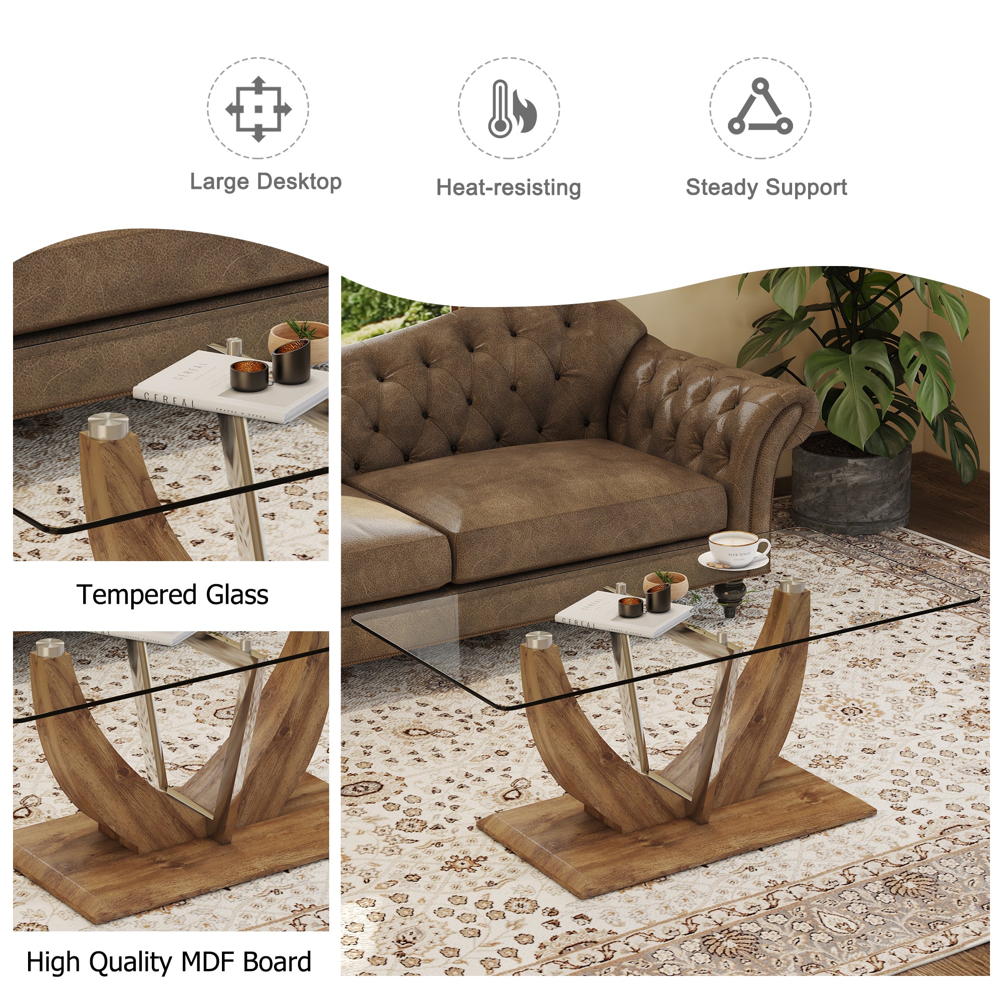 Modern Minimalist Transparent Tempered Glass Coffee Table with Wooden MDF legs and Stainless Steel Decorative Columns