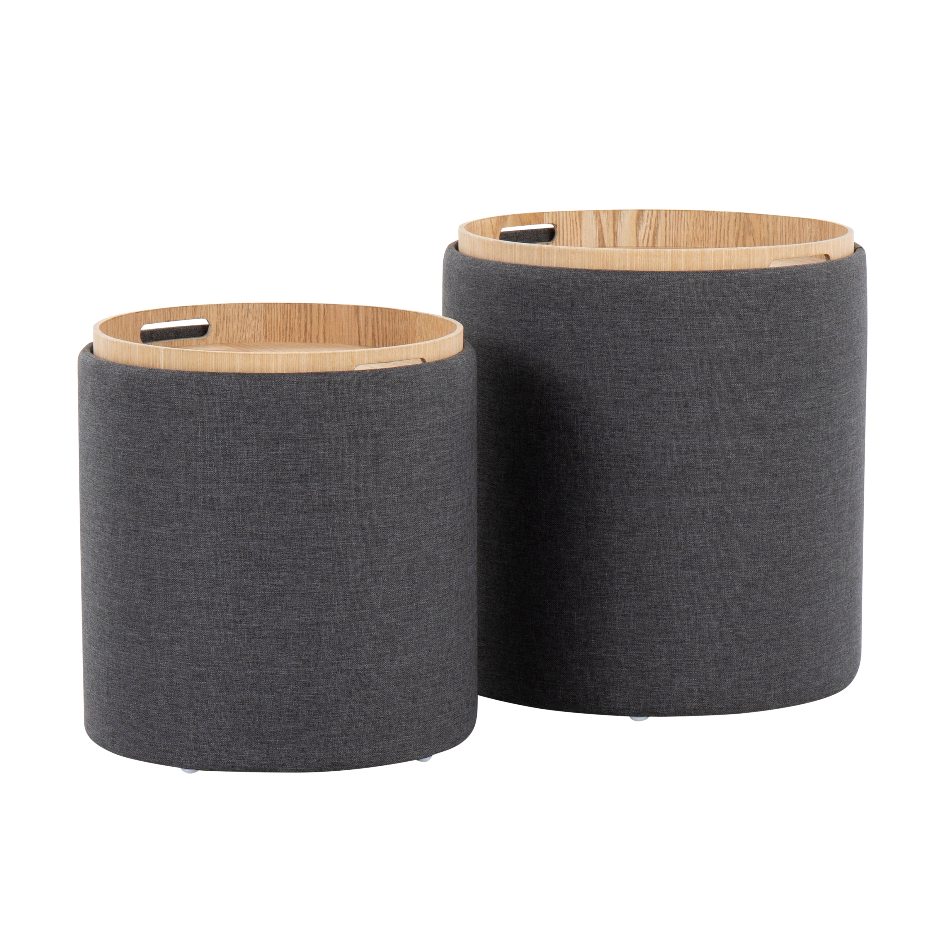 Tray Contemporary Nesting Ottoman Set in Charcoal Fabric and Natural Wood