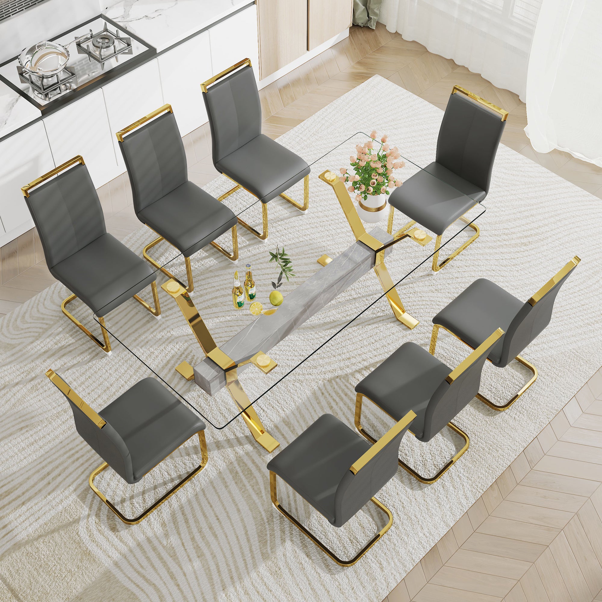 Modern Tempered Glass Dining Table - Transparent with Gold Plated Metal Legs (no chairs included))