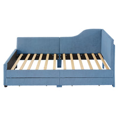 Twin Size L-Shaped Corduroy Daybed,Upholstered Bed Frame with  2 Storage Drawers,Blue