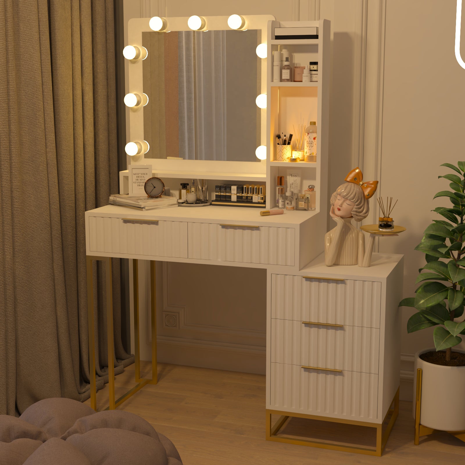 Makeup Vanity Desk with Mirror and Lights, Vanity Table, 5 Drawers - White