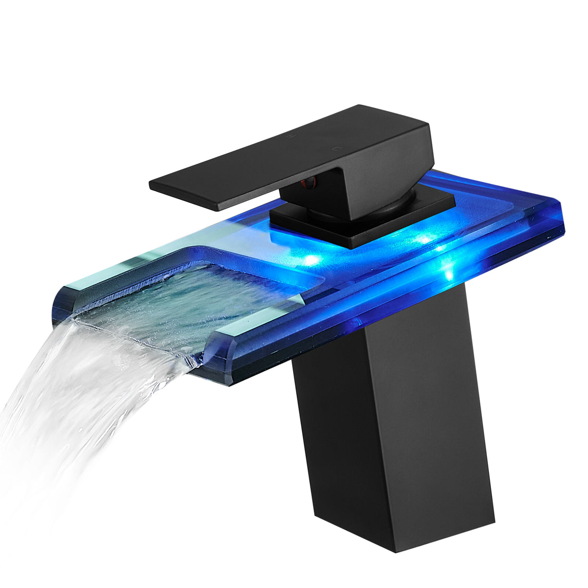 Bathroom Sink Faucet LED Light 3 Colors Changing Waterfall Glass - Black