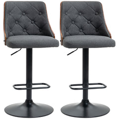 Set of 2 Counter Height Bar Stools, Height Adjustable Swivel Barstools with Footrest and Tufted Back, Linen Fabric Bar Chairs, Dark Grey