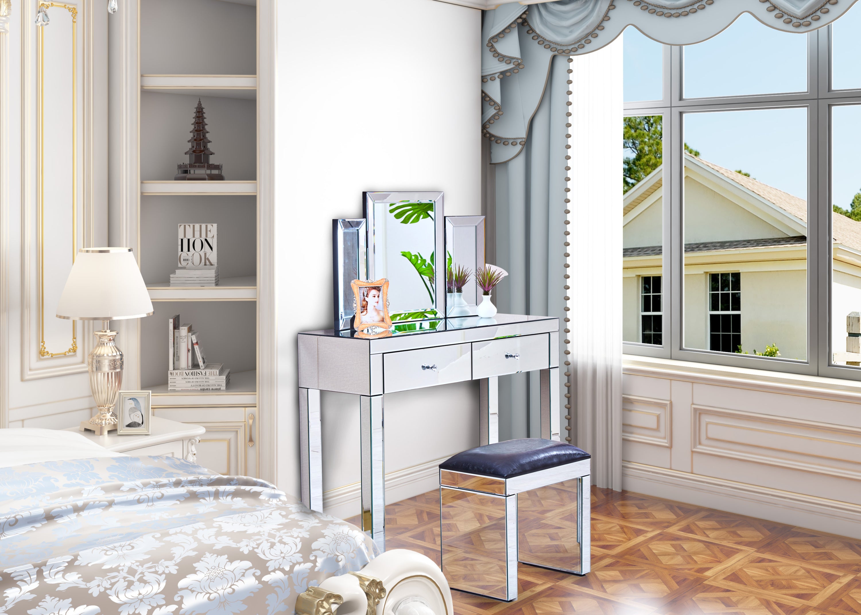 Mirror desktop dressing table, 2 drawer dressing table, suitable W 39.4 inch X D 15.7 inch X H 31.5 inch