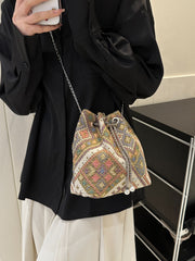 Boho Vintage Floral Bucket Bag with Silver Chain Strap, Pearl Detail, Geometric Pattern