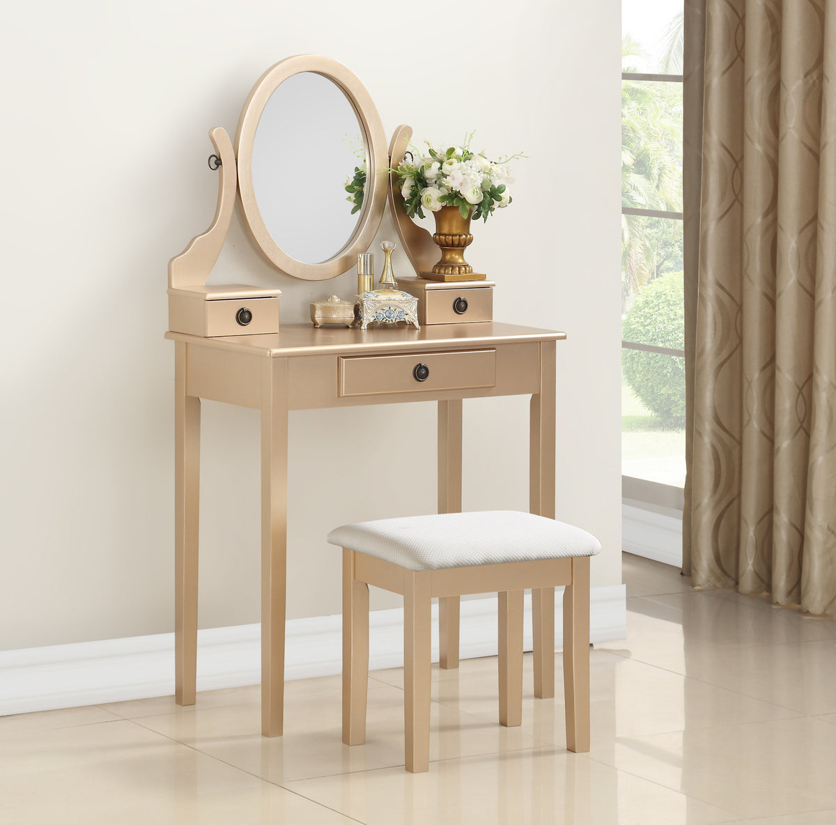 Makeup Vanity Table and Stool Set, Gold