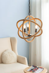 3-Light Farmhouse Chandelier, Rope Chandelier Globe Hanging Light Fixture with with Adjustable Chain