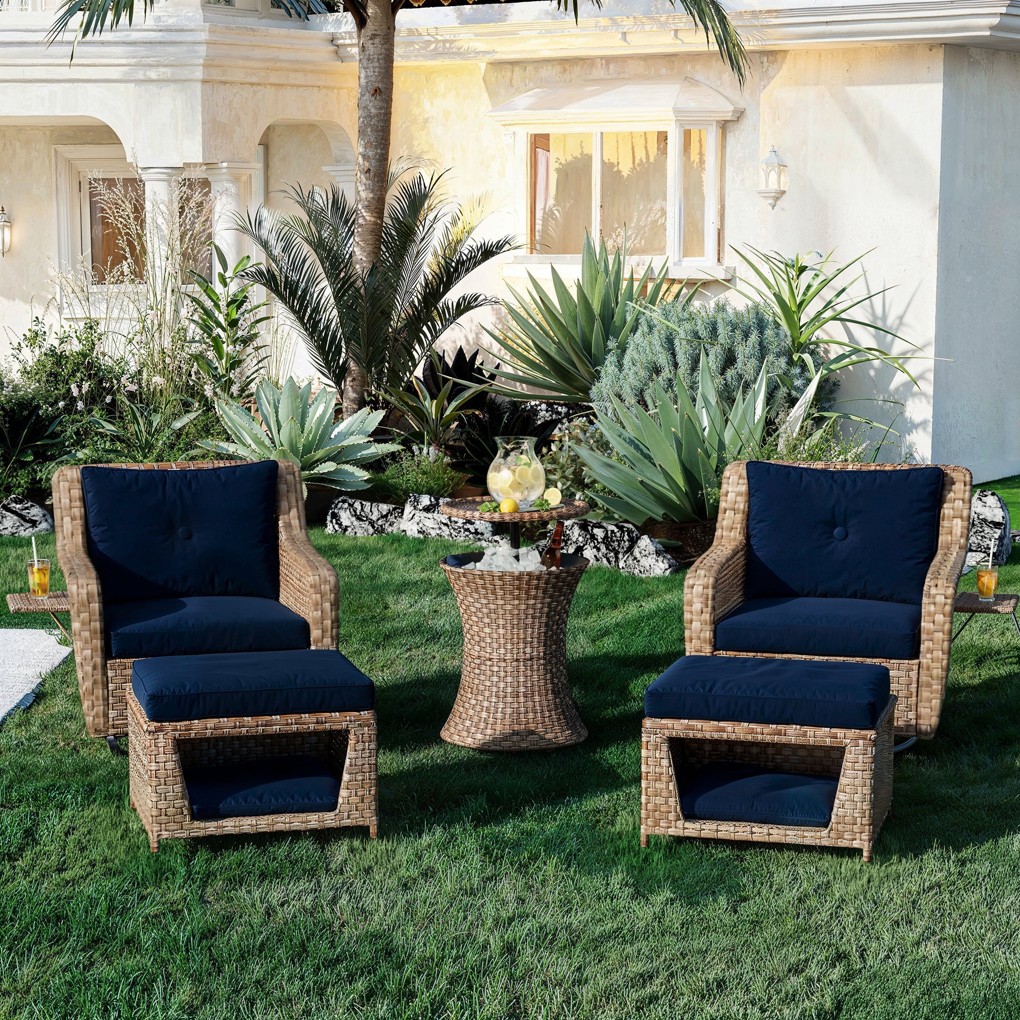 5 Pieces Outdoor Patio Furniture Set Retractable Side Tray, Rattan Wicker Patio Swivel Rocking Chairs Set of 2 with Ottomans - Navy Blue