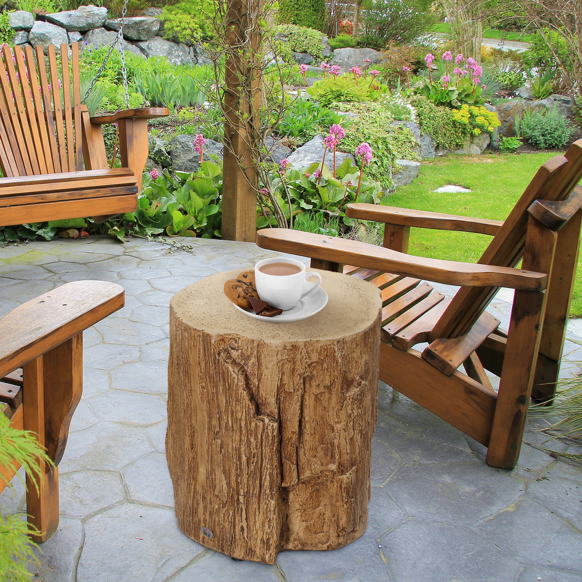 Decorative Side Table with Round Tabletop, Concrete with Wood Grain Finish, for Indoors and Outdoors - Natural