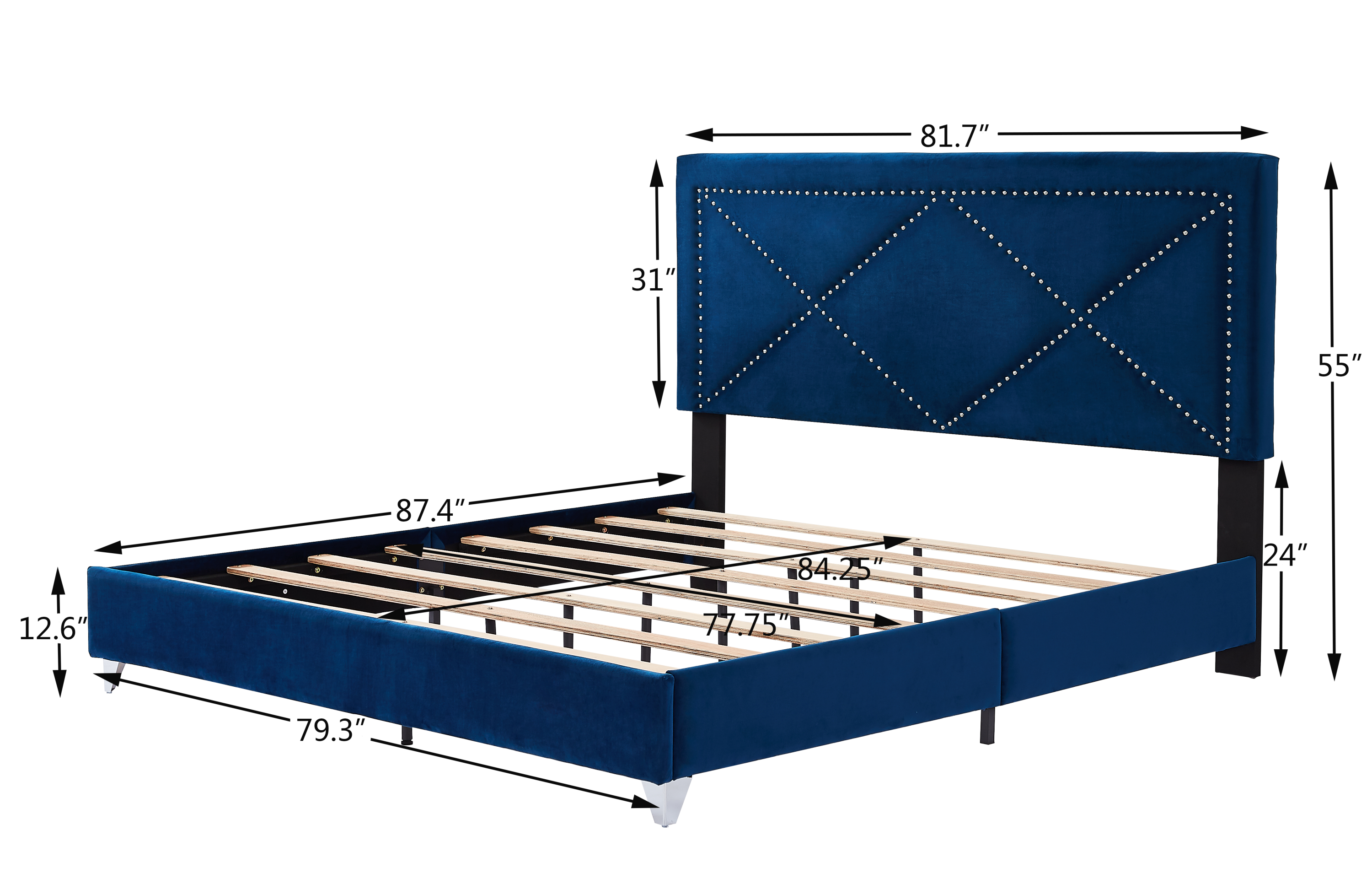 King Bed with Beautiful Brass Studs Adorn - Blue