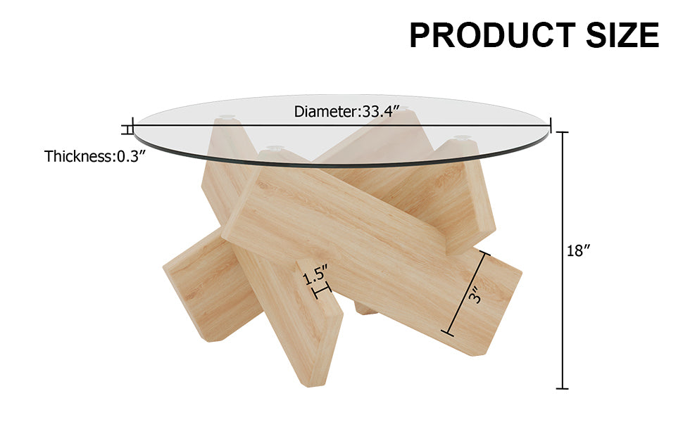 Circular Glass Coffee Table, 33.4-inch Modern, Tempered Glass Countertop, Wood Colored MDF Table Legs