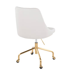 Contemporary Adjustable Office Chair with Casters in Gold Metal and White Faux Leather