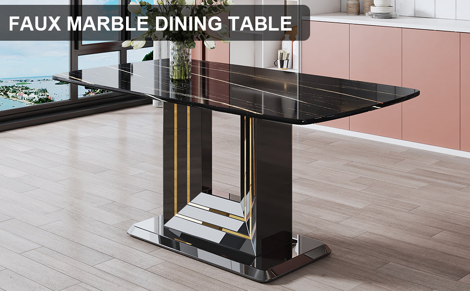 Modern Dining Table with Gold Lines and Black Base