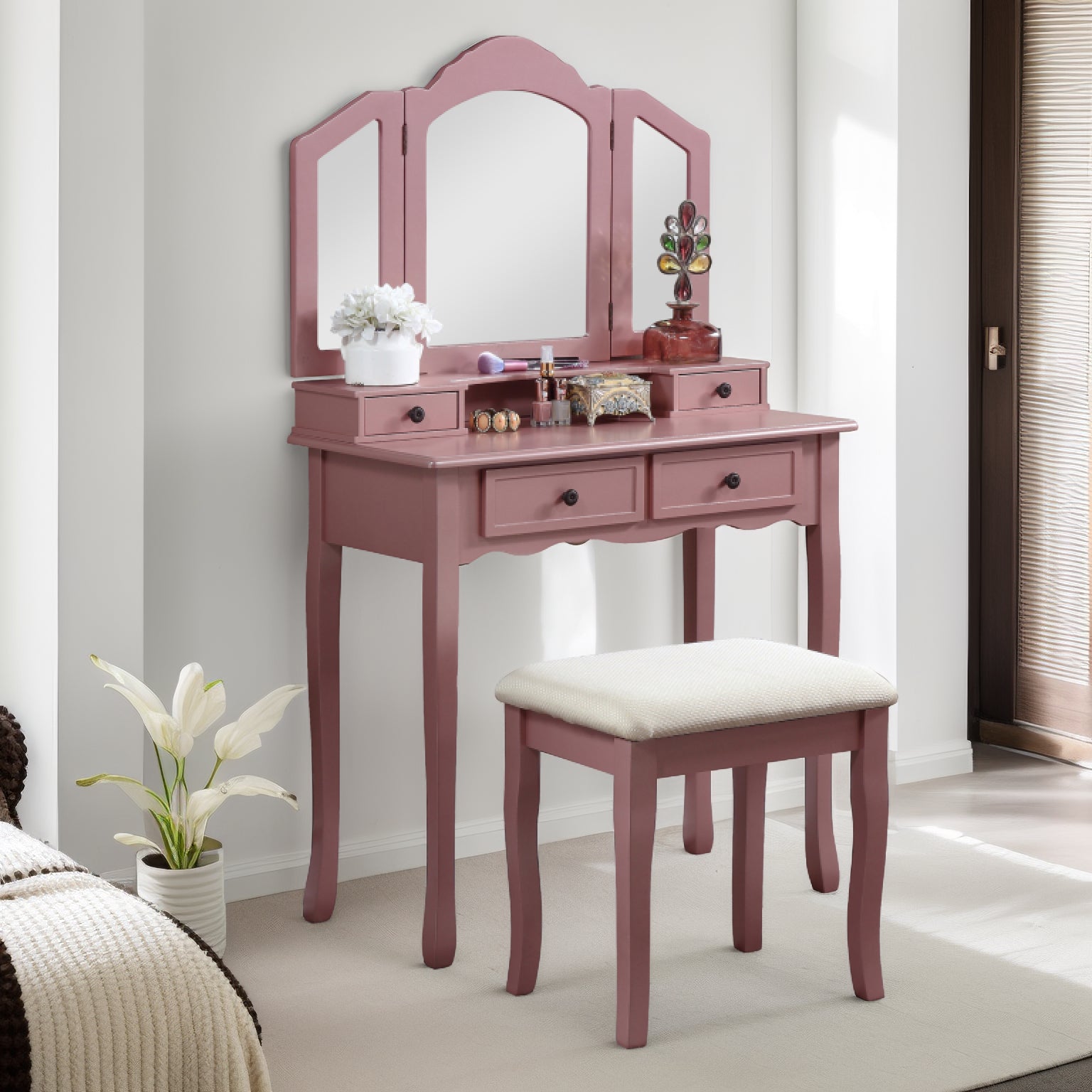 Sanlo Wooden Vanity Make Up Table and Stool Set, Rose Gold