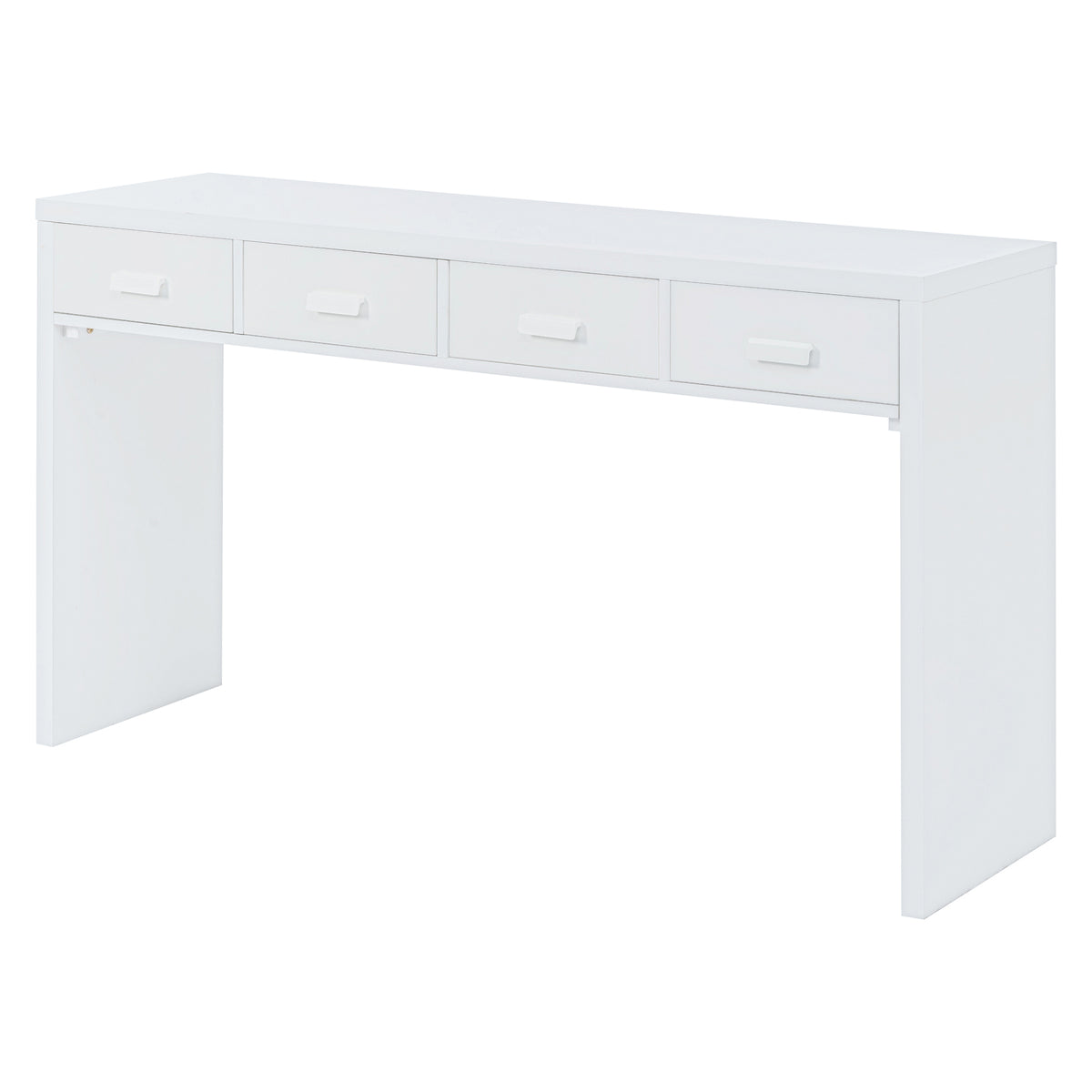 Modern Minimalist Console Table with Open Tabletop and Four Drawers with Metal Handles - White