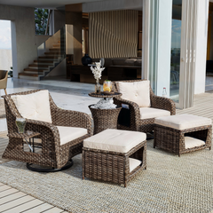 5 Pieces Outdoor Patio Furniture Set with Pet House Cool Bar and Retractable Side Tray, Rattan Wicker Patio Swivel Rocking Chairs Set of 2 with Ottomans - Beige