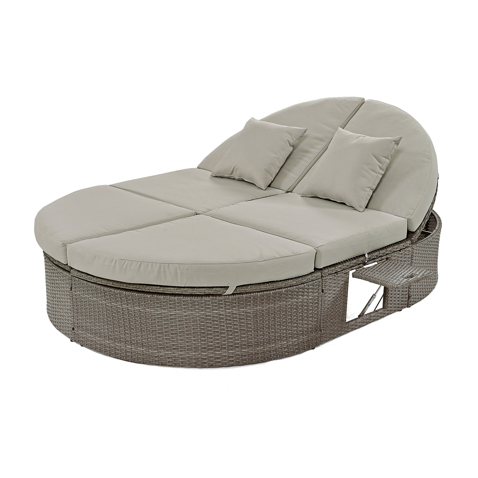 Outdoor Sun Bed Patio 2-Person Daybed with Cushions and Pillows, Rattan Garden Reclining Chaise Lounge with Adjustable Backrests and Foldable Cup Trays for Lawn,Poolside, Gray