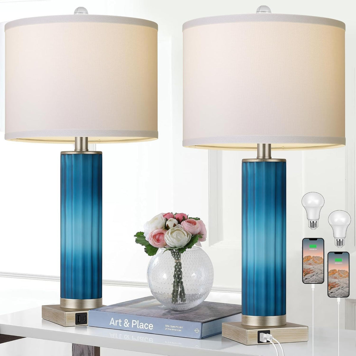 Set of 2 Table Lamps Blue Glass Lamp for Bedside with USB C+A Charging Ports, Modern Art Deco Nightstand Lamp