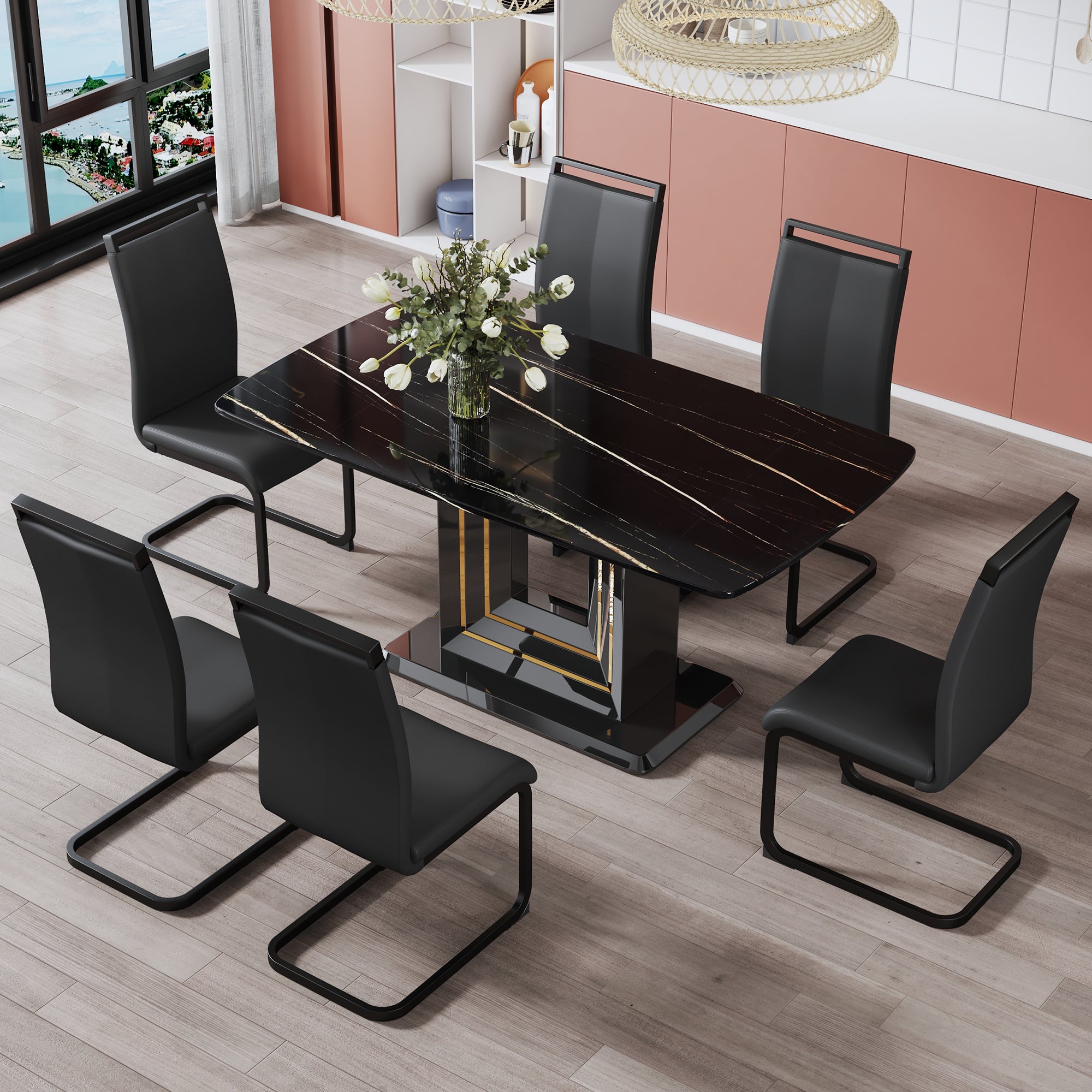 Modern Dining Table with Gold Lines and Black Base