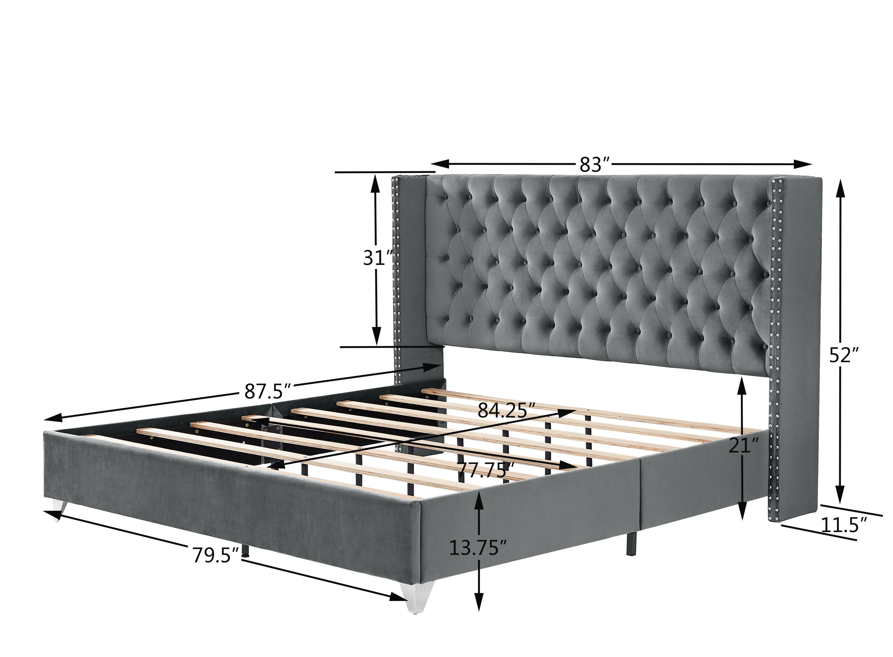 King bed, Button designed Headboard - Gray