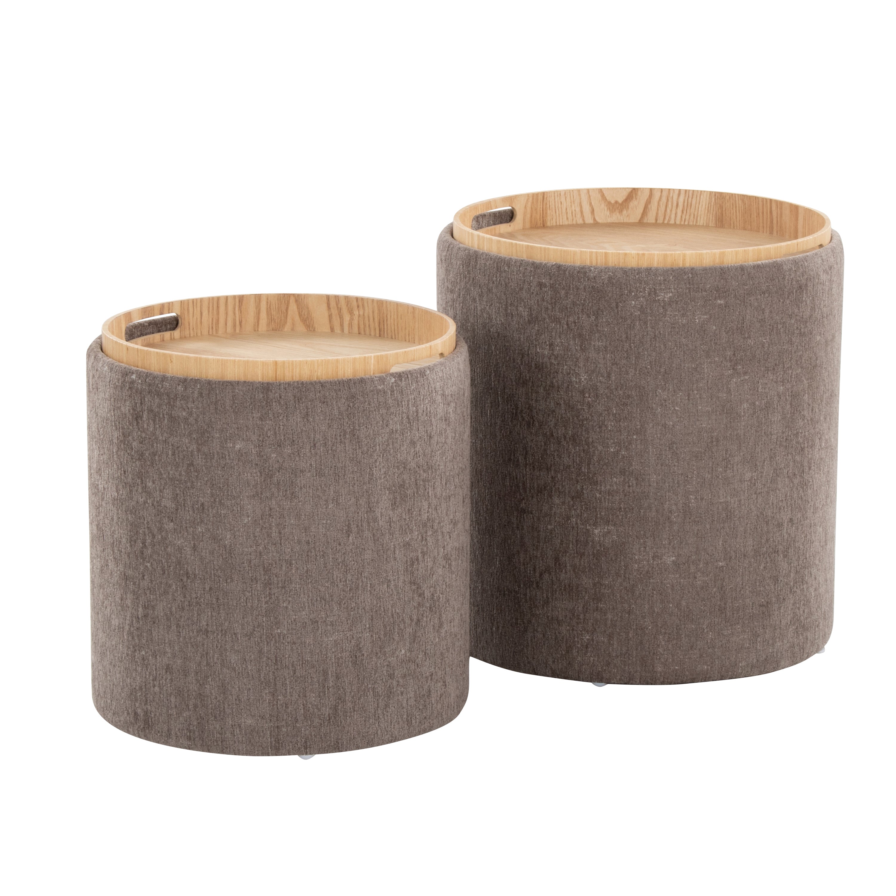 Tray Contemporary Nesting Ottoman Set in Brown Fabric and Natural Wood