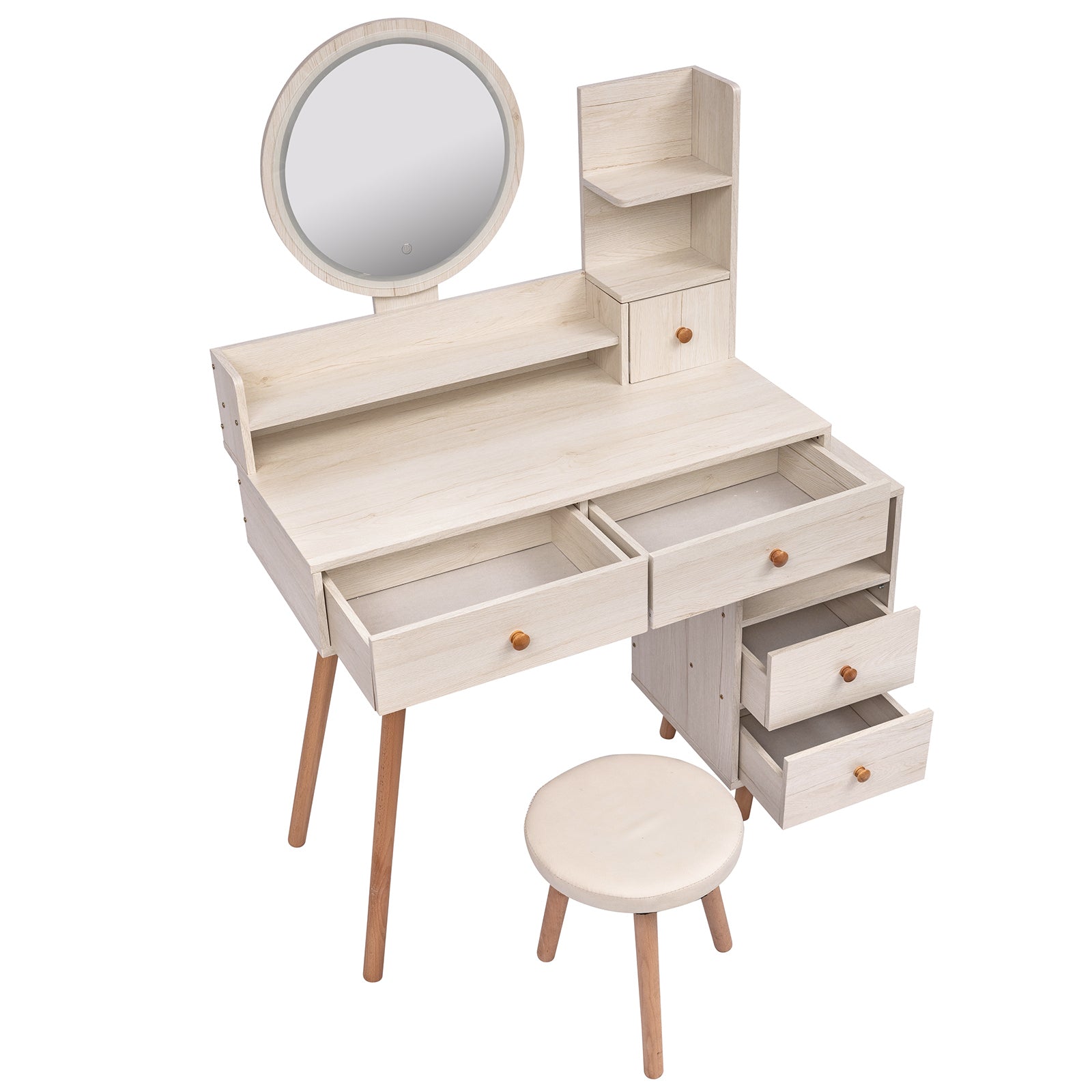 Stylish Vanity Table + Cushioned Stool, Touch Control LED Mirror, Large Capacity Storage Cabinet, 5 Drawers, Fashionable Makeup Furniture, Length Adjustable(L31.5"-43.2"x W15.8" x H48.1")