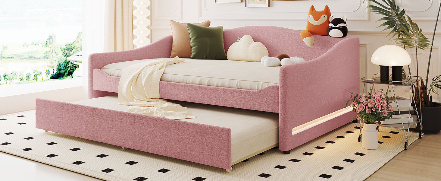 Teddy Fleece Full Size Upholstered Daybed with Light and Trundle - Pink