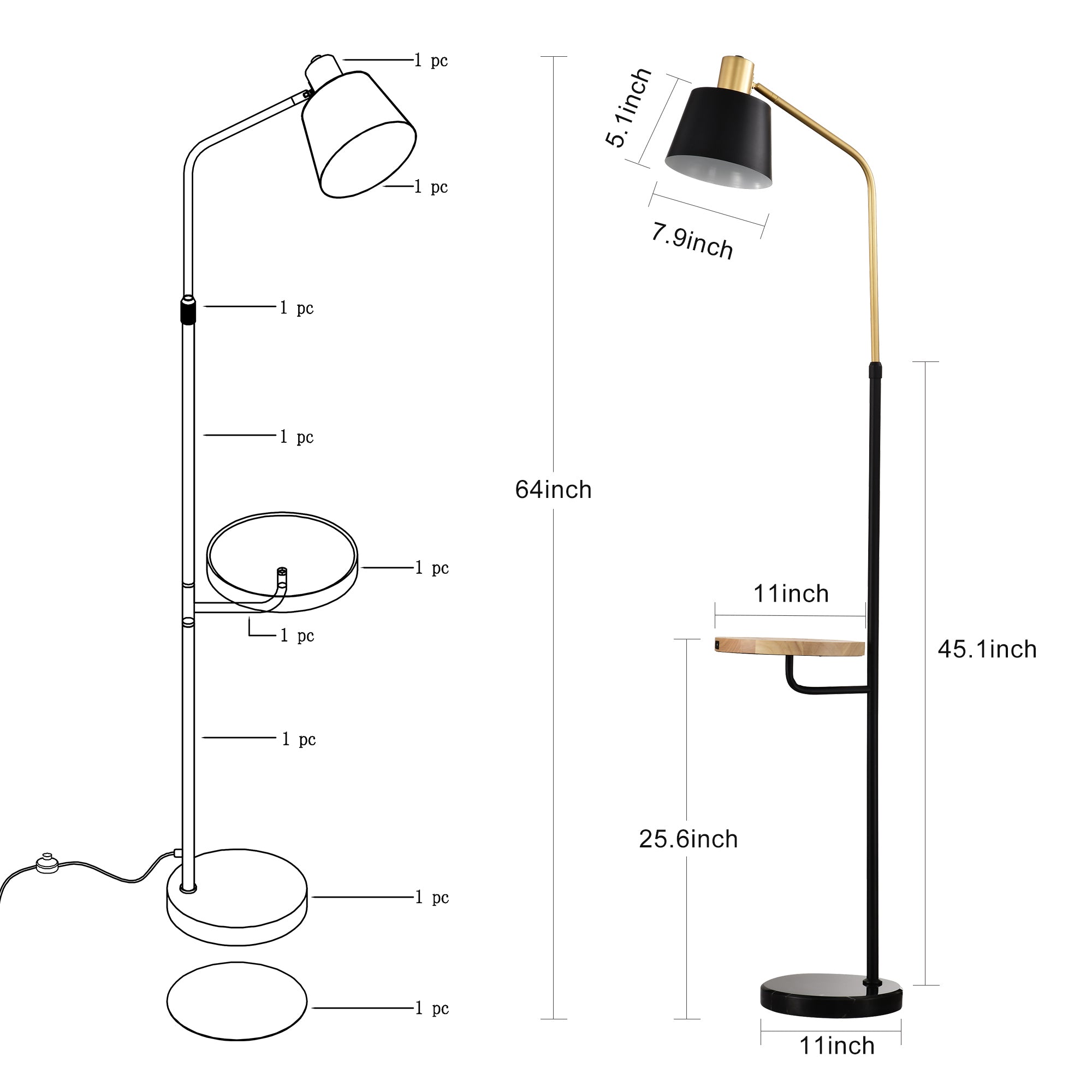 Real Marble Floor Lamp with Wood Bedside Nightstand End Table and Built-in USB Charging Port - Matte Gold + Matte Black