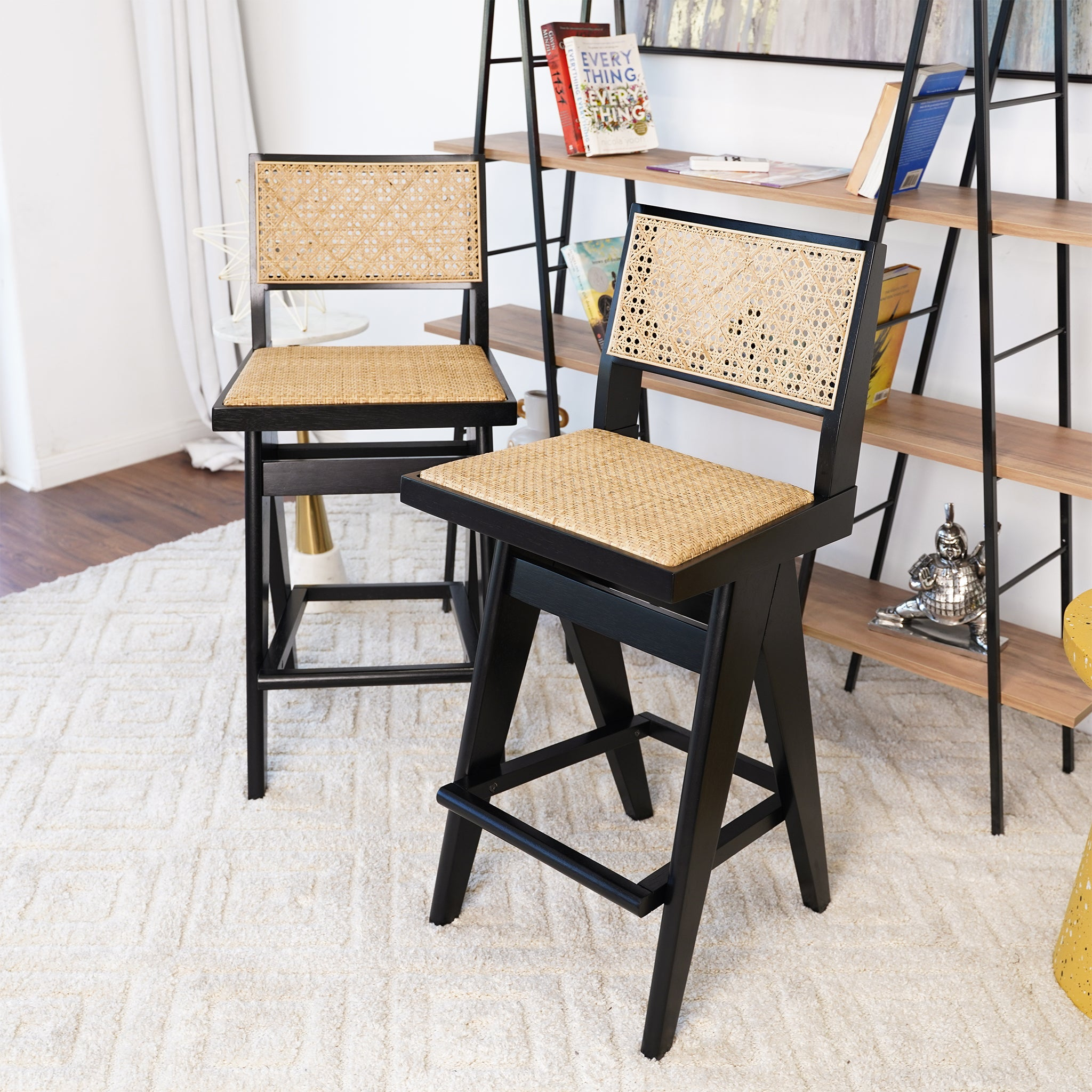 Set of 2 - Rattan Bar Stool with Black Legs