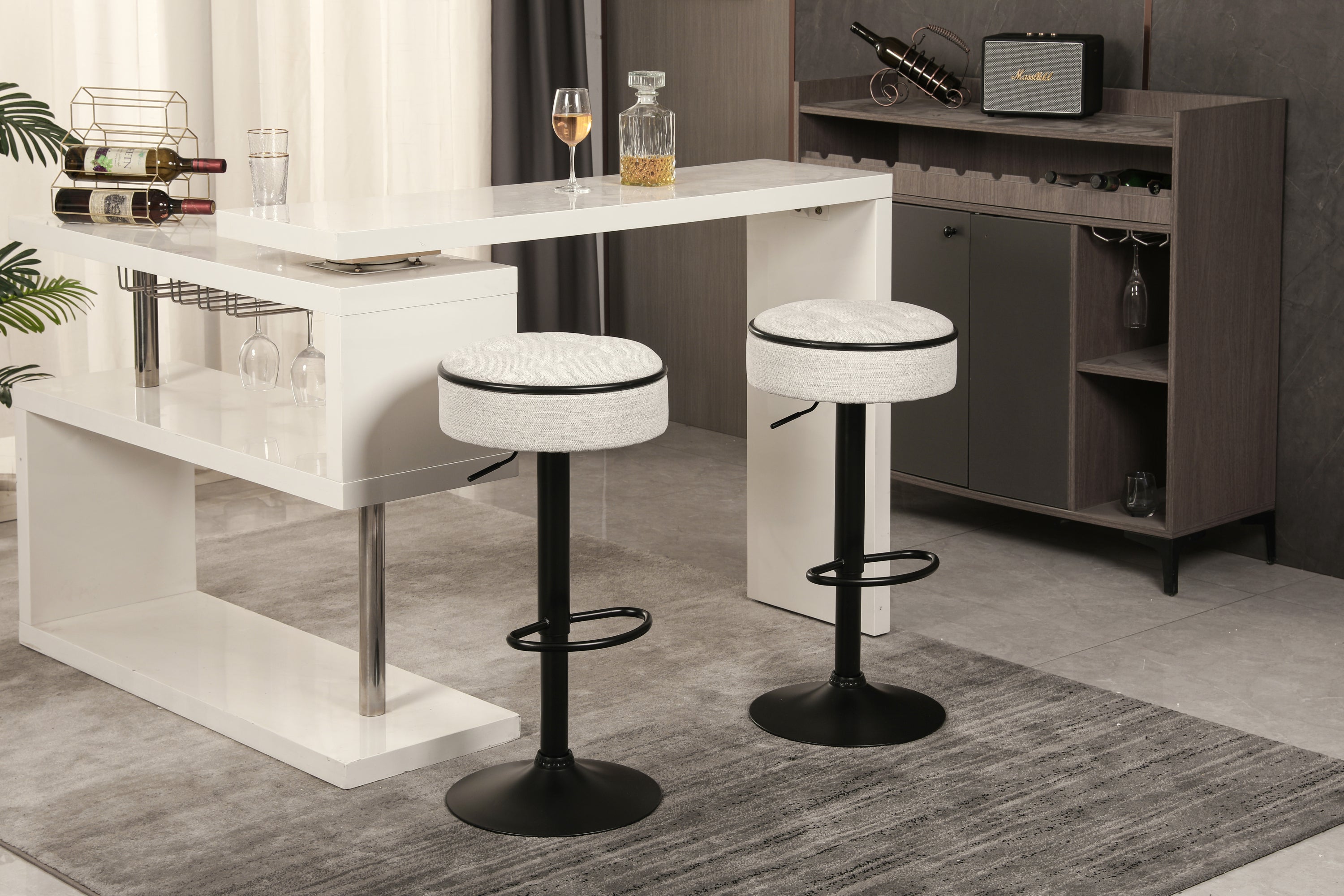 Set of 2 Round Storage Bar Stool, Off White Linen Height Adjustable Barstool, 360°Counter Height Swivel Stool