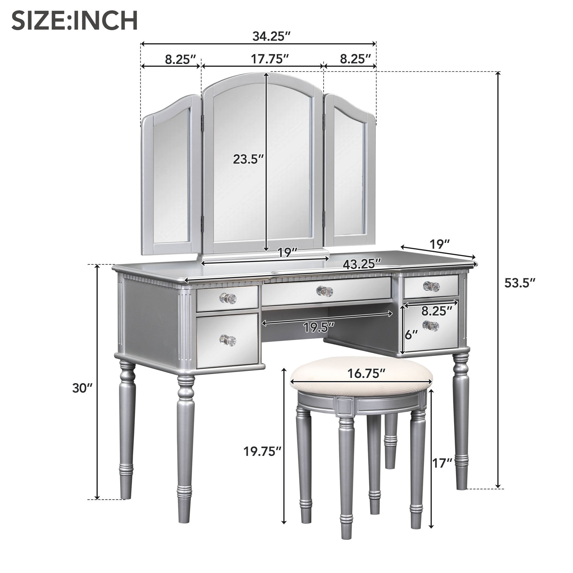 43" Makeup Vanity Set With Mirrored Drawers And Stool - Silver