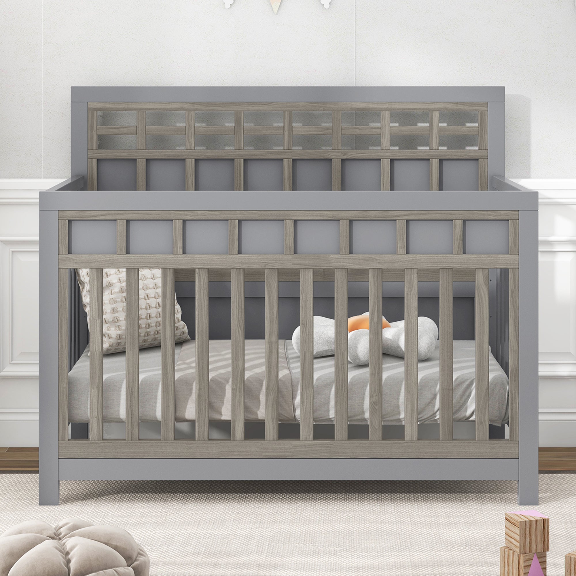 Certified Baby Safe Crib, Pine Solid Wood, Non-Toxic Finish, Gray