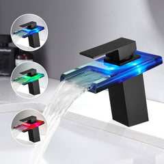 Bathroom Sink Faucet LED Light 3 Colors Changing Waterfall Glass - Black