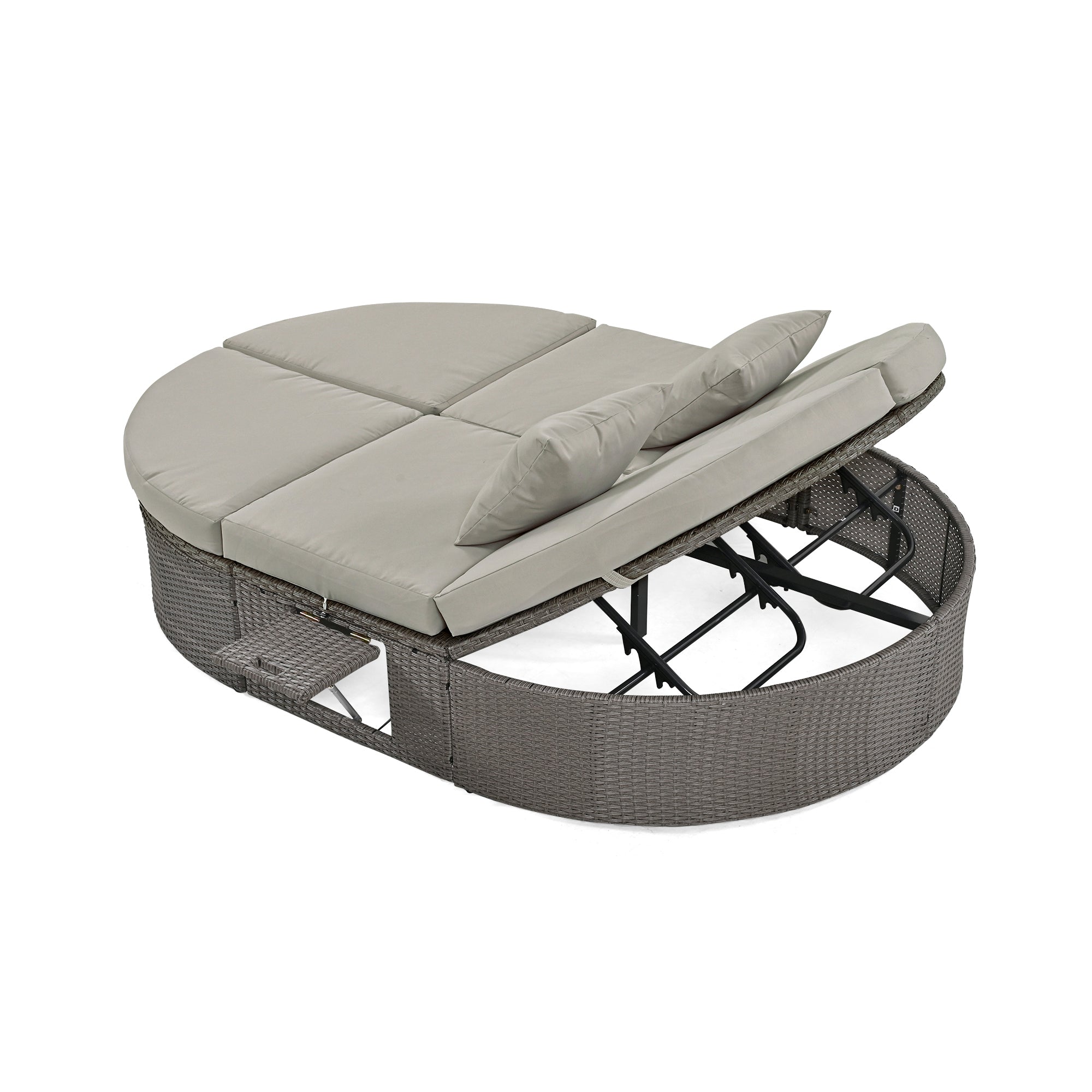 Outdoor Sun Bed Patio 2-Person Daybed with Cushions and Pillows, Rattan Garden Reclining Chaise Lounge with Adjustable Backrests and Foldable Cup Trays for Lawn,Poolside, Gray