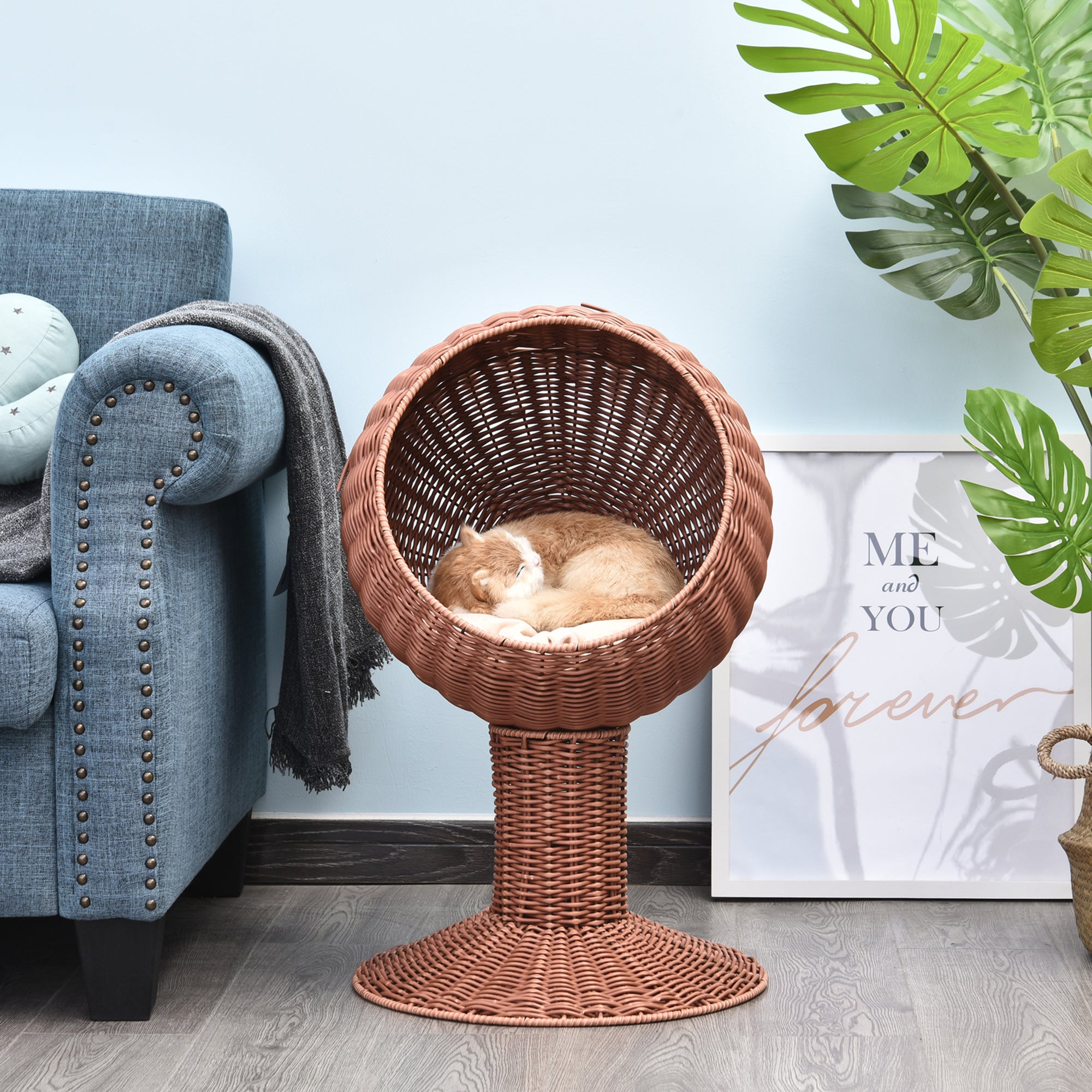 Cat Basket Bed with Thick Cushion, Elevated Bed with Rotatable Egg Chair Pod - Natural Mat Grass Woven Kitty House, Brown