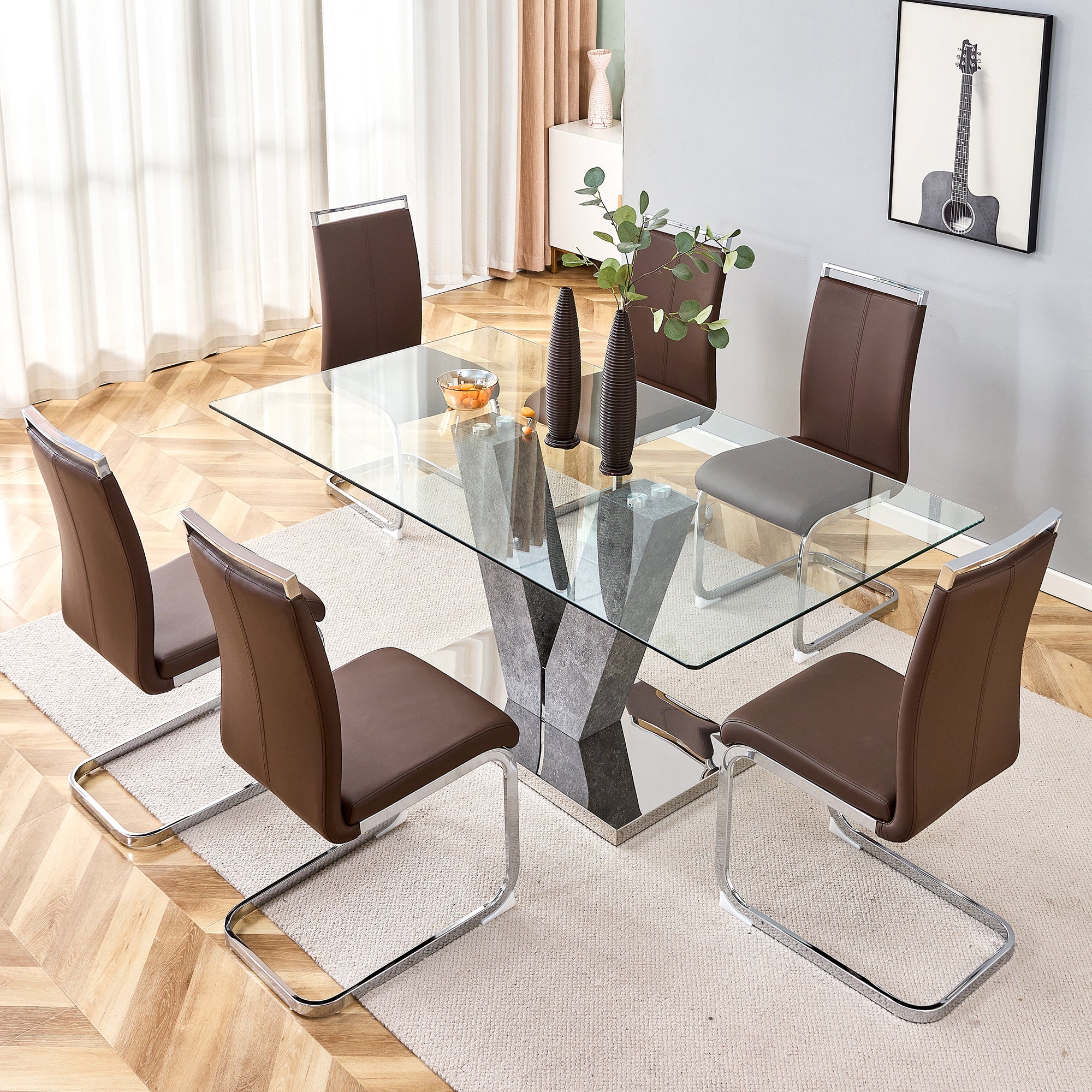 Modern Minimalist Rectangular Glass Dining Table for 6-8 people - Transparent Glass Silver V