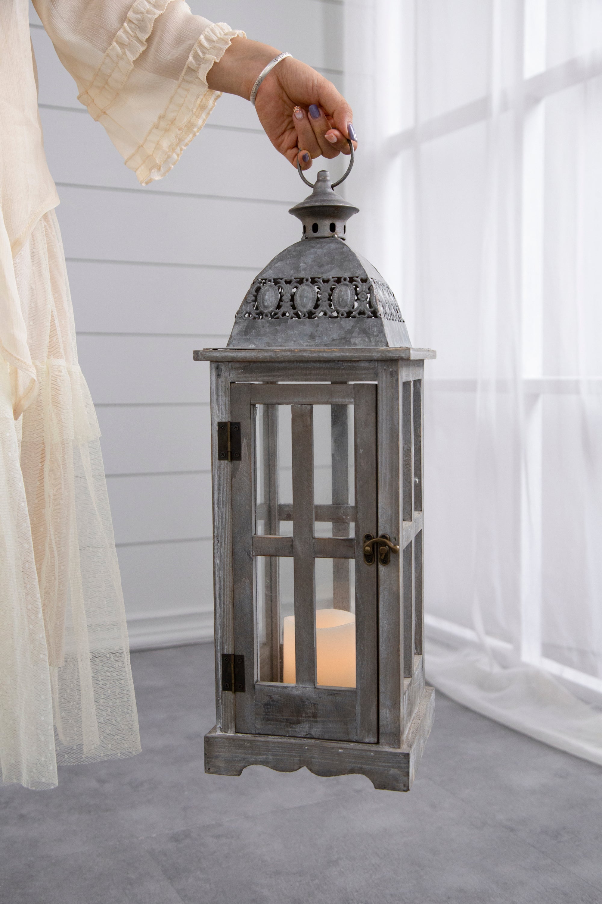 Wooden Candle Lantern Decorative (Set of 2) - Grey