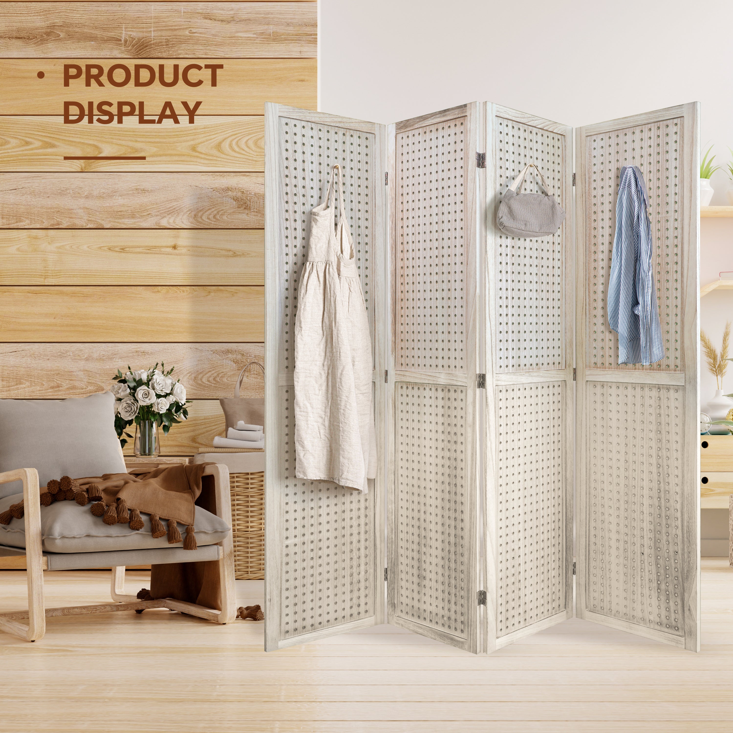 4 Panel Room Divider, 5.6Ft Pegboard Display Wooden Room Divider - Natural Wood