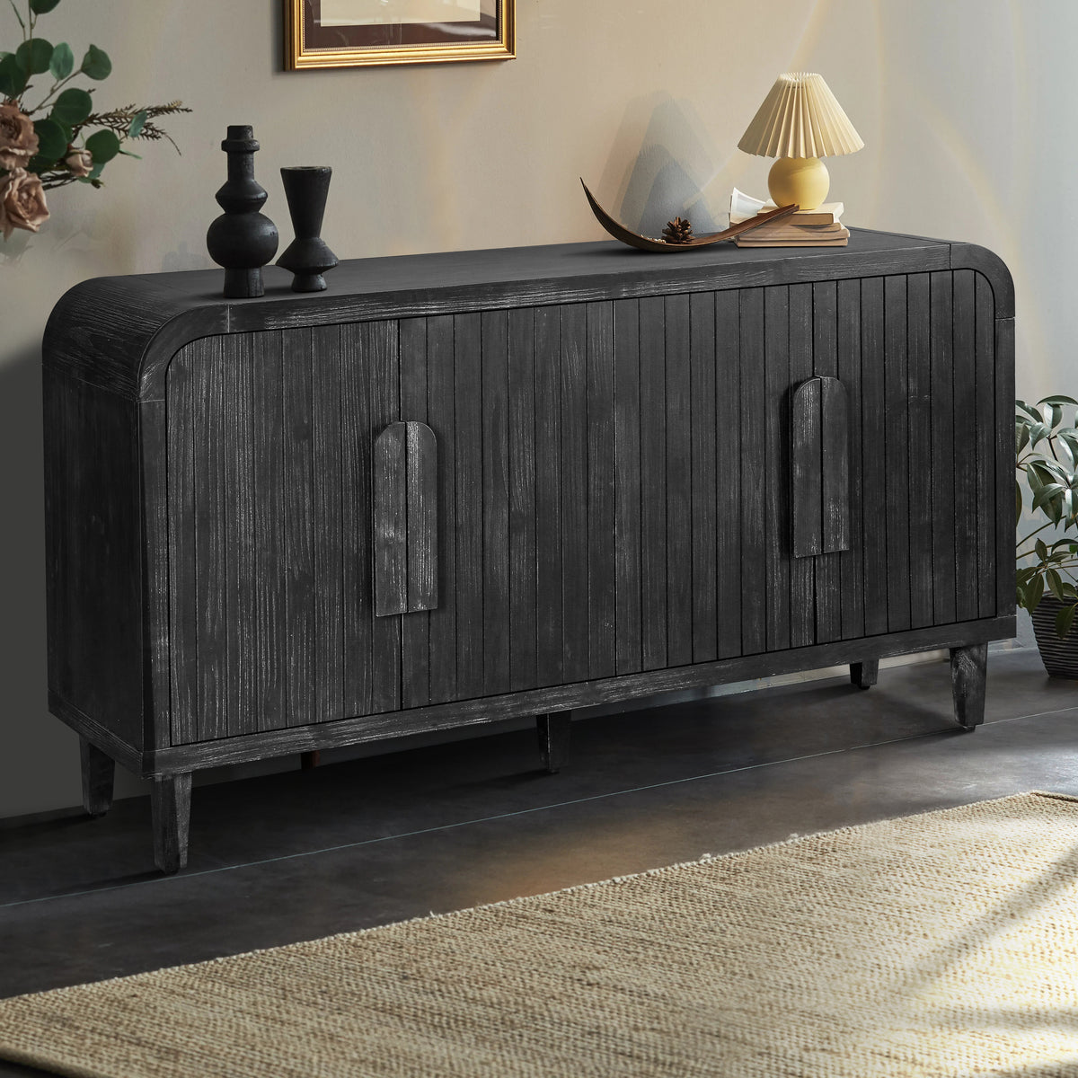 59'' Farmhouse Curved Vintage Storage  Sideboard with  Large Wooden Handles, Vertical Wood Grain Carving and Adjustable Shelves - Antique Black