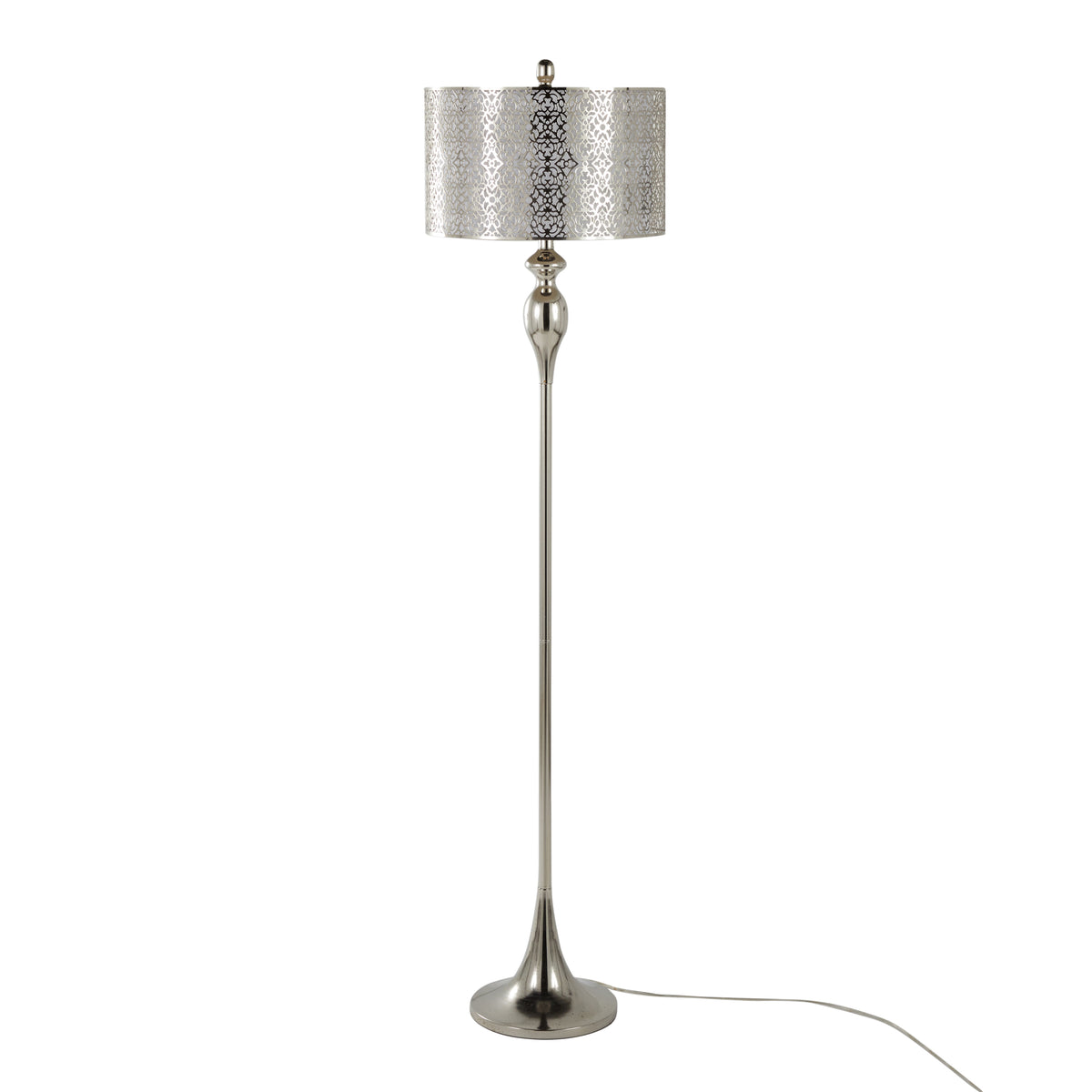 63" Contemporary Metal Floor Lamp in Polished Nickel with Laser Cut Metal and White Linen Shade