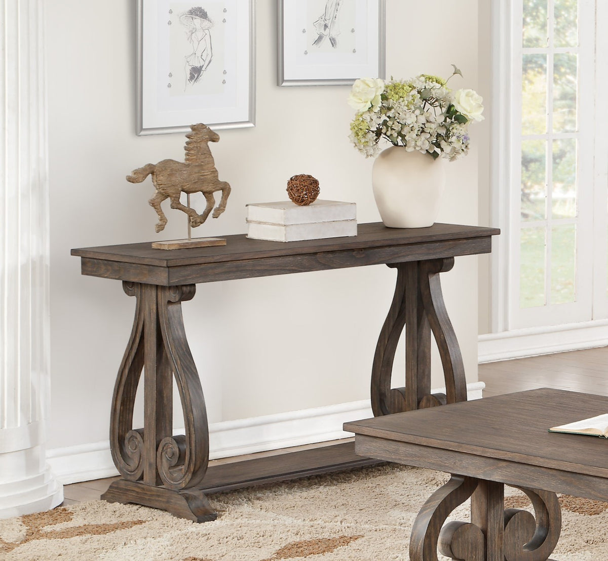 Classic Traditional Sofa Table with Bottom Shelf Dark Oak Finish