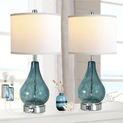 Set Of 2, 22.5" Glass Table Lamp LED Light With Touch Control, Black 3 Way Dimmable Modern Bedside Lamps With White Fabric Shade - Blue