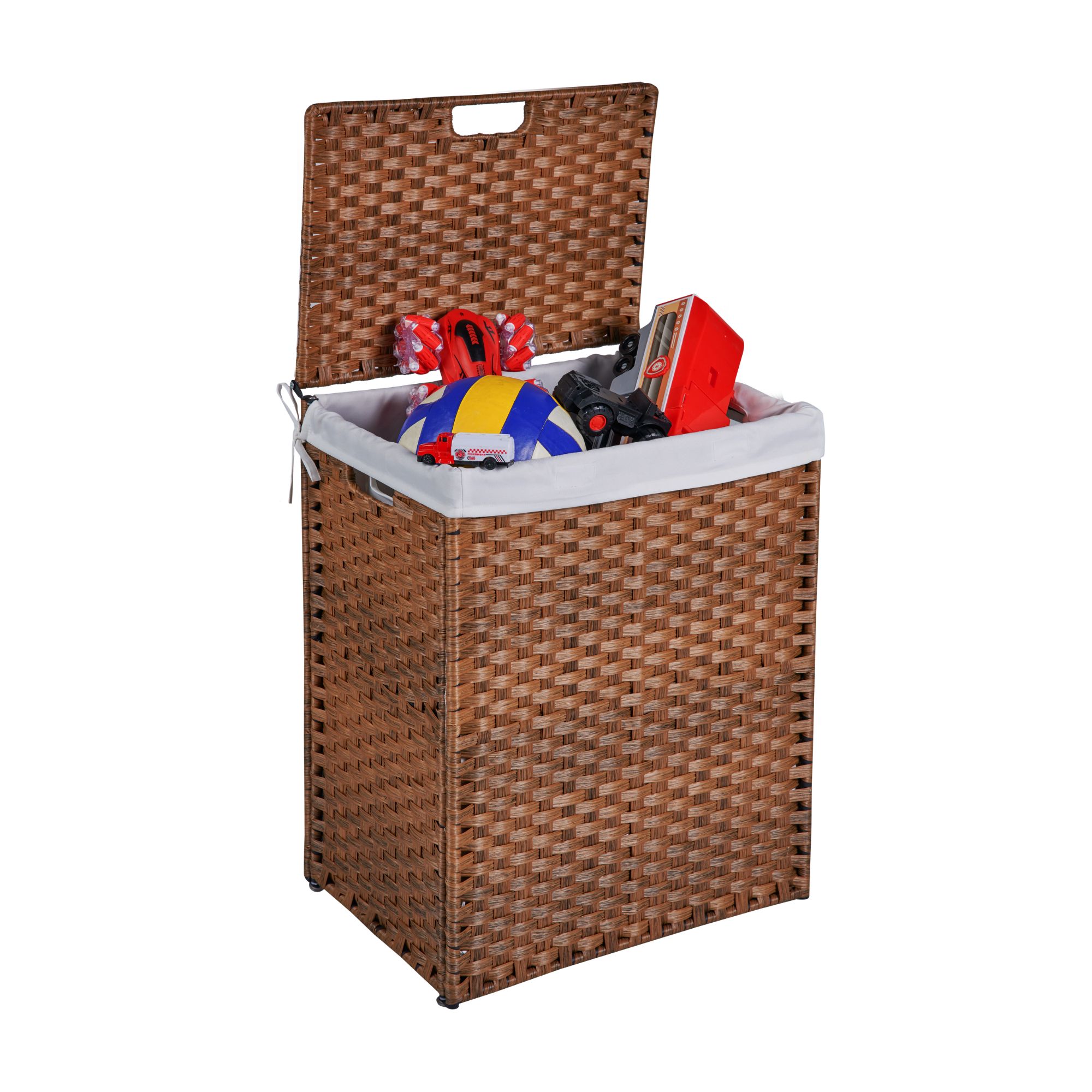 Laundry Hamper With Lid PE Rattan Powder Coating Frame Clothes Hampers with 2 Removable Bags, 100L, Brown Color