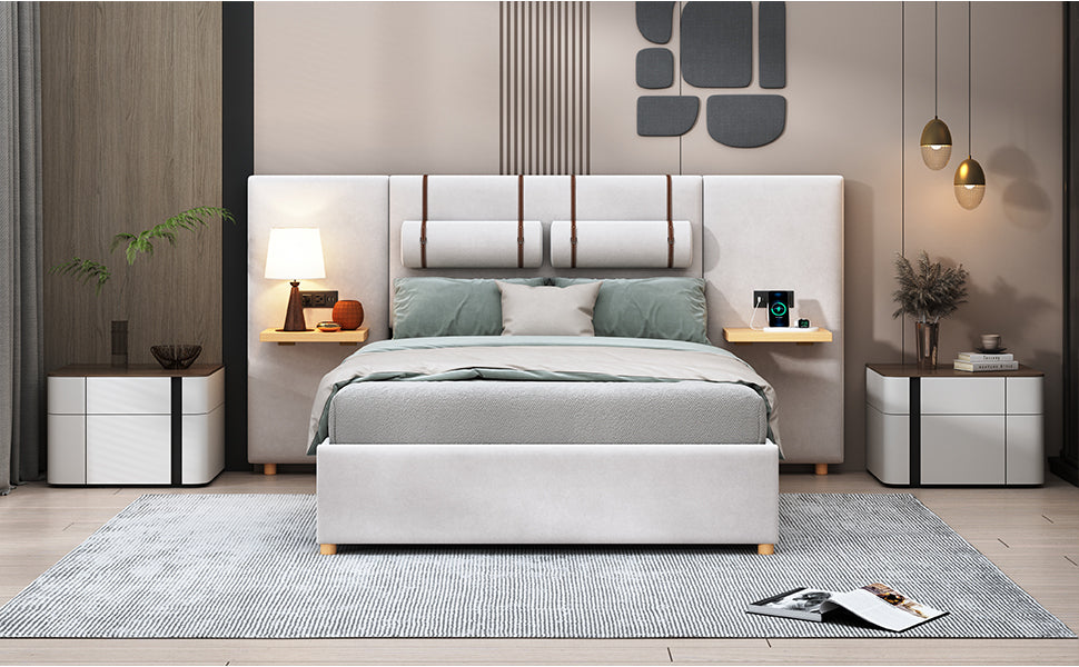 Full Size Upholstered Platform Bed, Two Outlets and USB Charging Ports on Both Sides, Two Bedside Pillows, Storage Shelves,Velvet - Beige