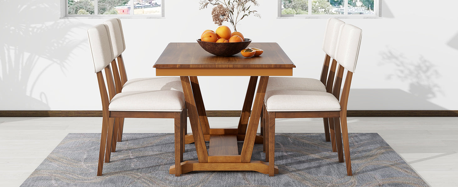 Rustic 5-piece Dining Table Set with 4 Upholstered Chairs - Walnut