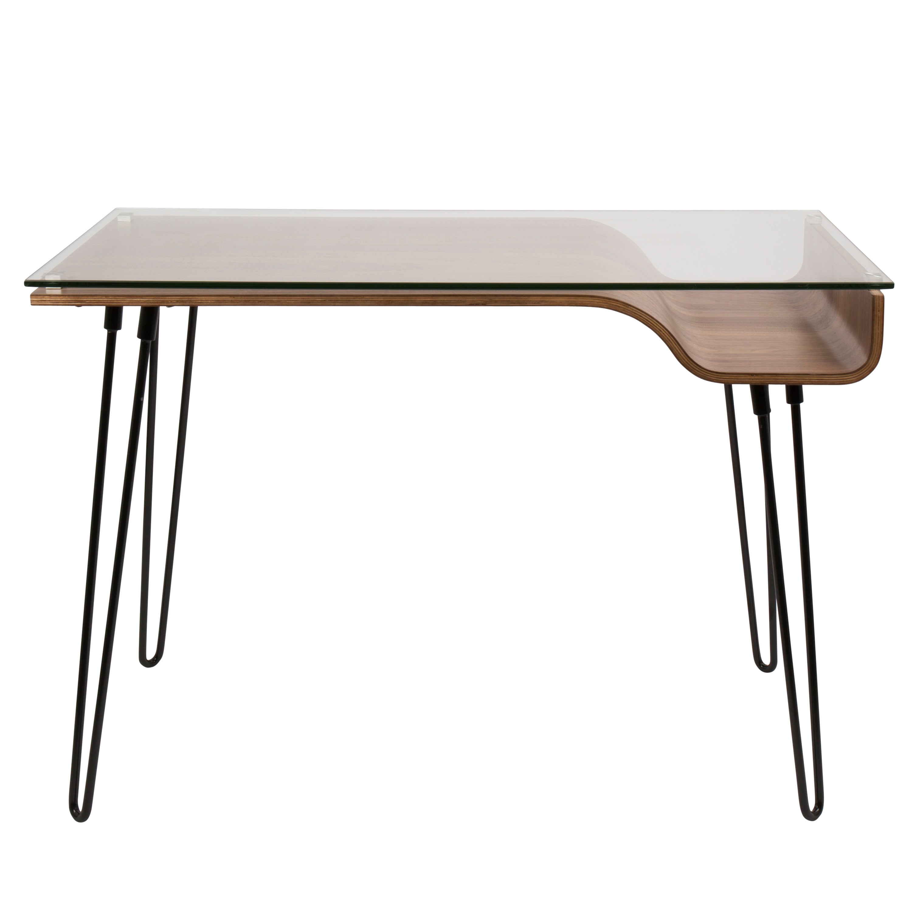 Modern Desk in Walnut Wood, Clear Glass, Black Metal