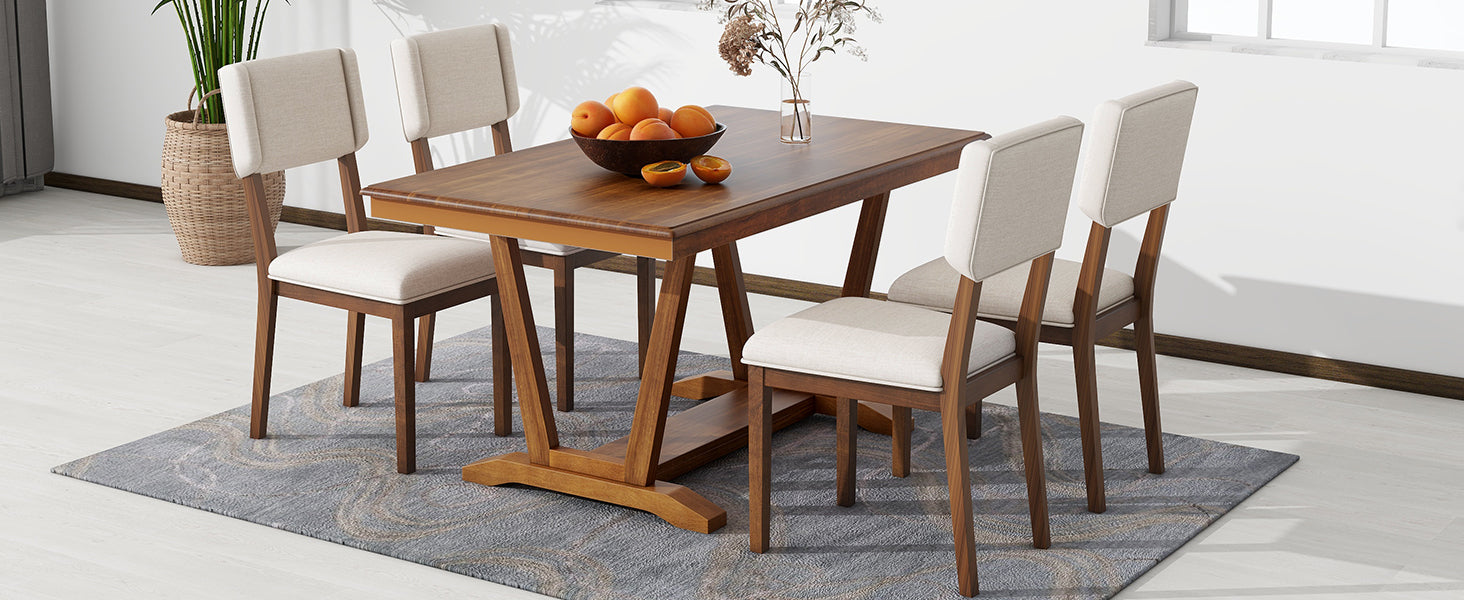 Rustic 5-piece Dining Table Set with 4 Upholstered Chairs - Walnut