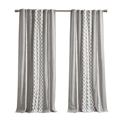 Cotton Printed Curtain Panel with Chenille Stripe and Lining - Gray