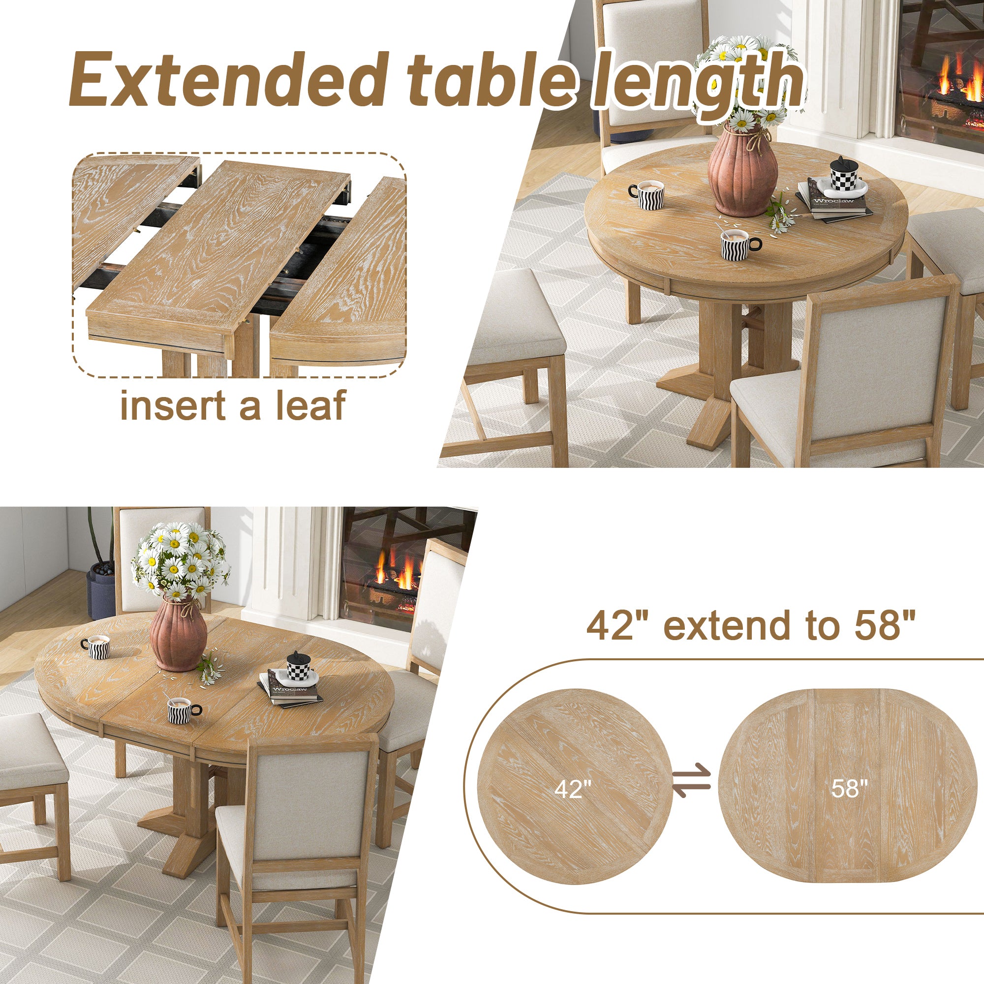 Farmhouse Dining Table Extendable Round Table for Dining Room - Natural Wood Wash